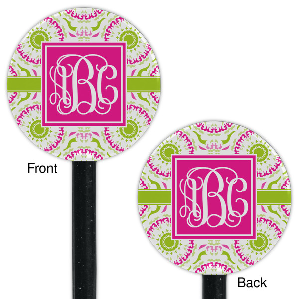Pink & Green Suzani Black Plastic 5.5" Stir Stick - Double Sided - Round - Front & Back