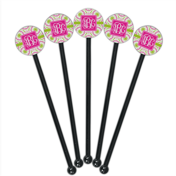 Pink & Green Suzani Black Plastic 5.5" Stir Stick - Round - Fan View