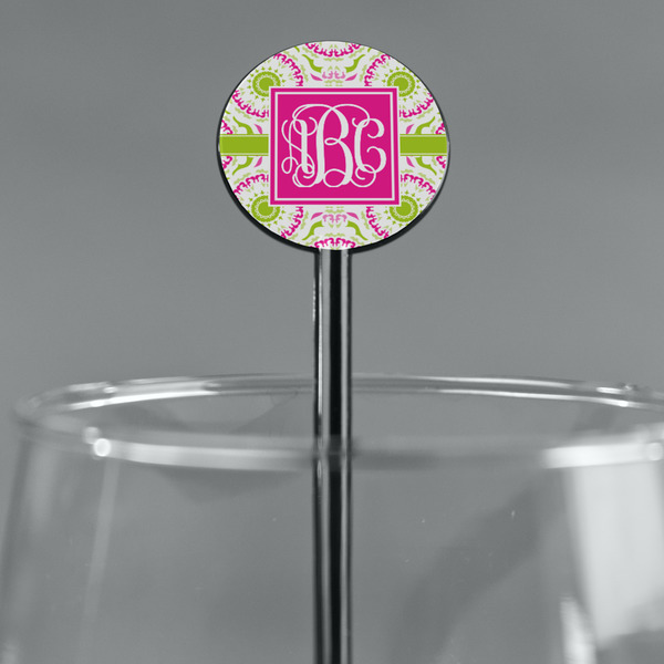 Pink & Green Suzani Black Plastic 5.5" Stir Stick - Round - Main