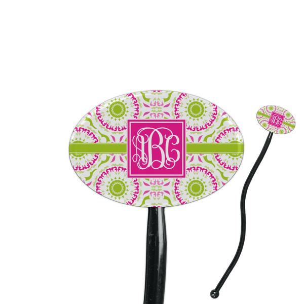 Custom Pink & Green Suzani 7" Oval Plastic Stir Sticks - Black - Single Sided (Personalized)