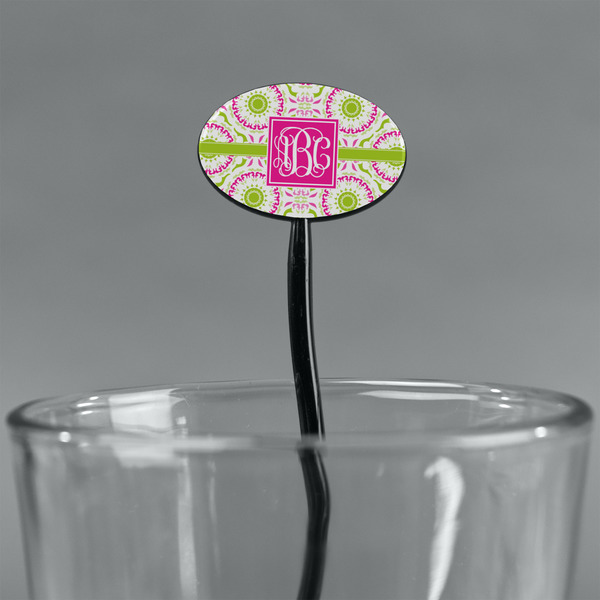 Pink & Green Suzani Black Plastic 7" Stir Stick - Oval - Main