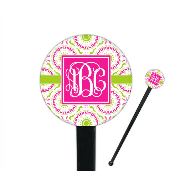 Custom Pink & Green Suzani 7" Round Plastic Stir Sticks - Black - Single Sided (Personalized)