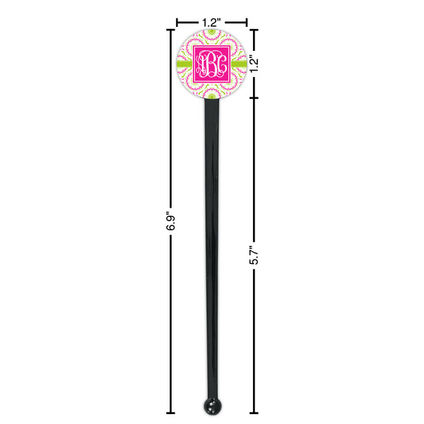 Pink & Green Suzani Black Plastic 7" Stir Stick - Round - Dimensions