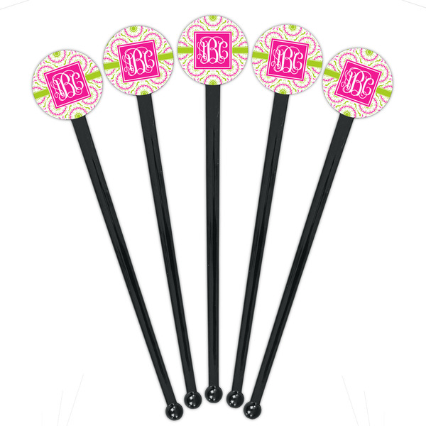 Pink & Green Suzani Black Plastic 7" Stir Stick - Round - Fan View