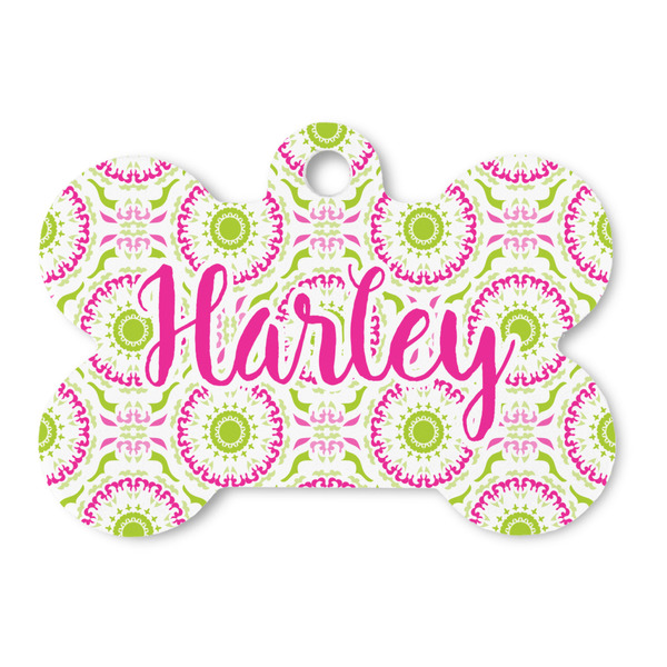 Custom Pink & Green Suzani Bone Shaped Dog ID Tag (Personalized)