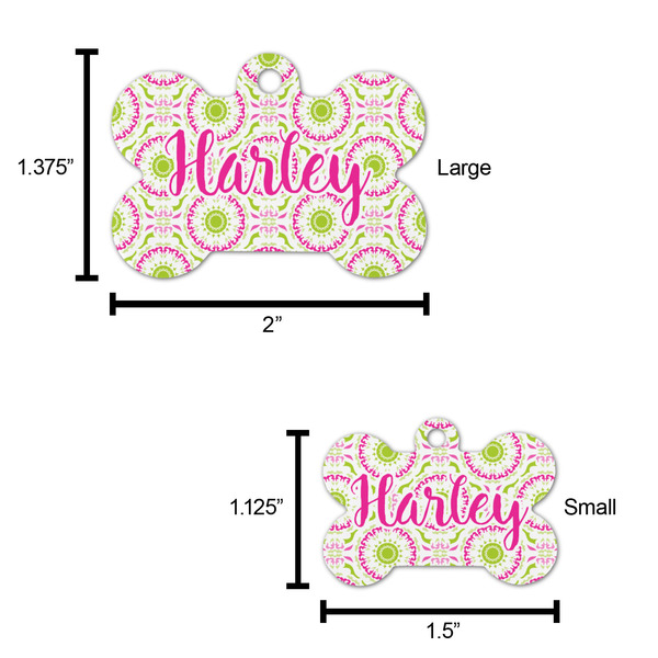 Pink & Green Suzani Bone Shaped Dog ID Tag - Large - Scale