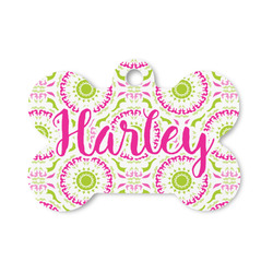 Pink & Green Suzani Bone Shaped Dog ID Tag - Small (Personalized)