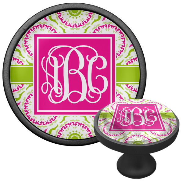 Pink & Green Suzani Cabinet Knob - Black - Multi Angle
