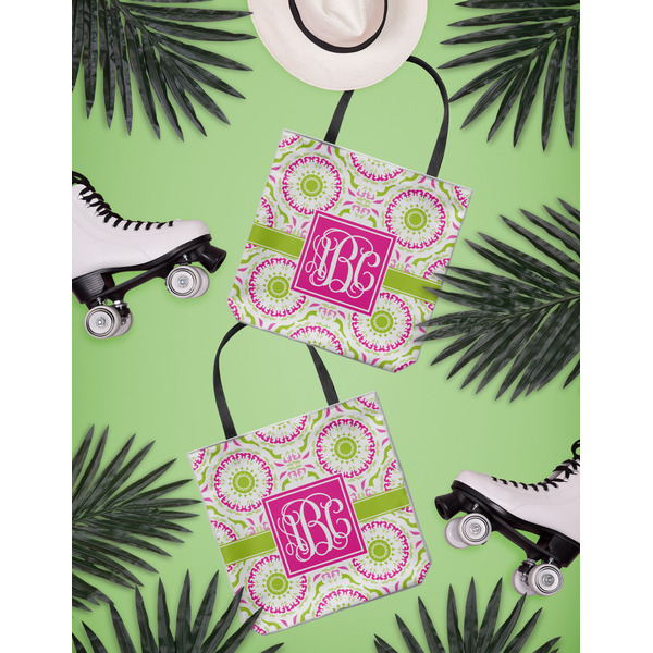 Pink & Green Suzani Canvas Tote Lifestyle Front and Back- 13x13