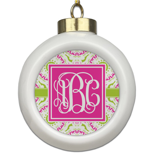 Custom Pink & Green Suzani Ceramic Ball Ornament (Personalized)