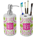 Pink & Green Suzani Ceramic Bathroom Accessories Set (Personalized)