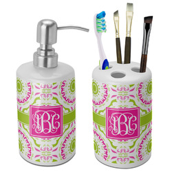 Pink & Green Suzani Ceramic Bathroom Accessories Set (Personalized)