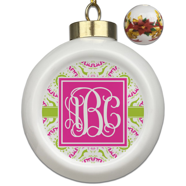 Custom Pink & Green Suzani Ceramic Ball Ornaments - Poinsettia Garland (Personalized)