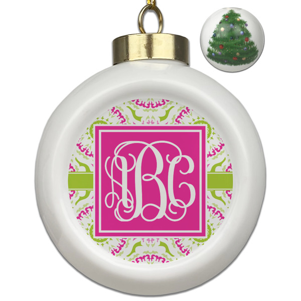 Custom Pink & Green Suzani Ceramic Ball Ornament - Christmas Tree (Personalized)