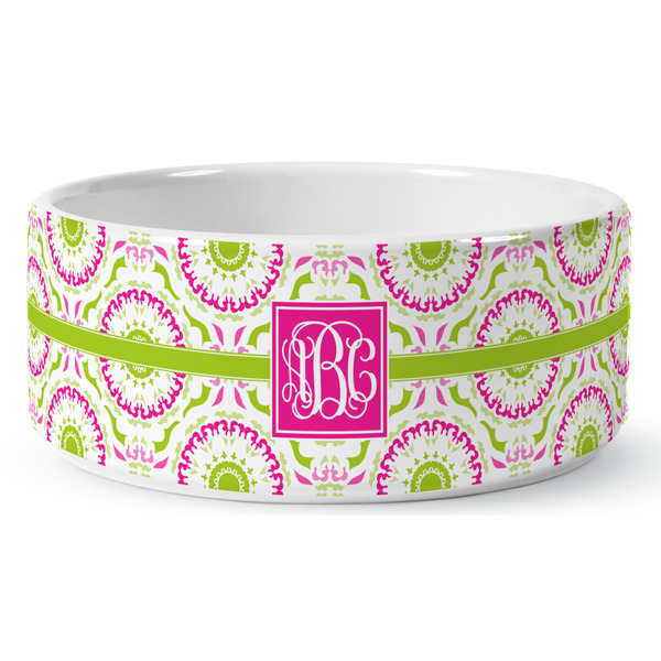 Pink & Green Suzani Ceramic Dog Bowl - Medium - Front
