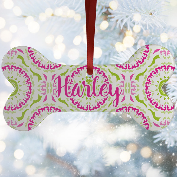 Custom Pink & Green Suzani Ceramic Dog Ornament w/ Monograms
