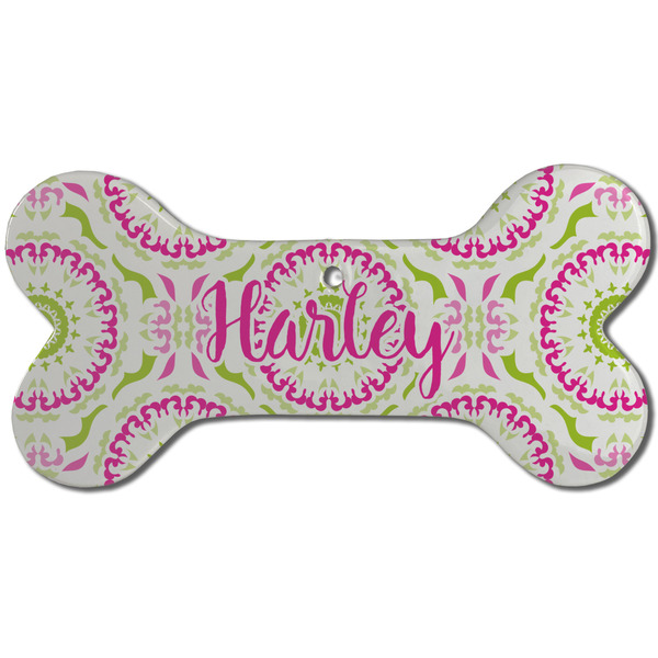 Pink & Green Suzani Ceramic Flat Ornament - Bone Front