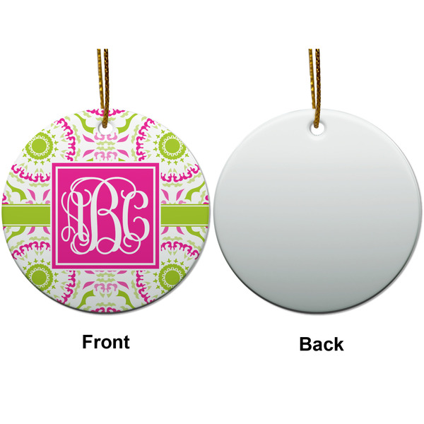 Pink & Green Suzani Ceramic Flat Ornament - Circle Front & Back (APPROVAL)