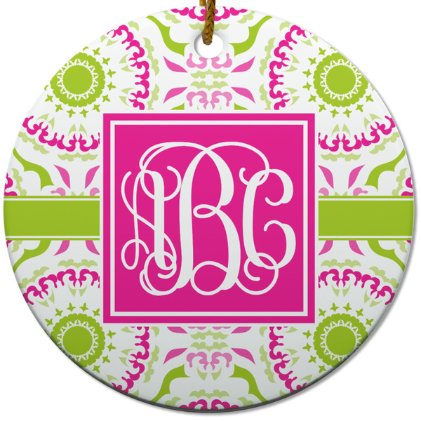 Custom Pink & Green Suzani Round Ceramic Ornament w/ Monogram