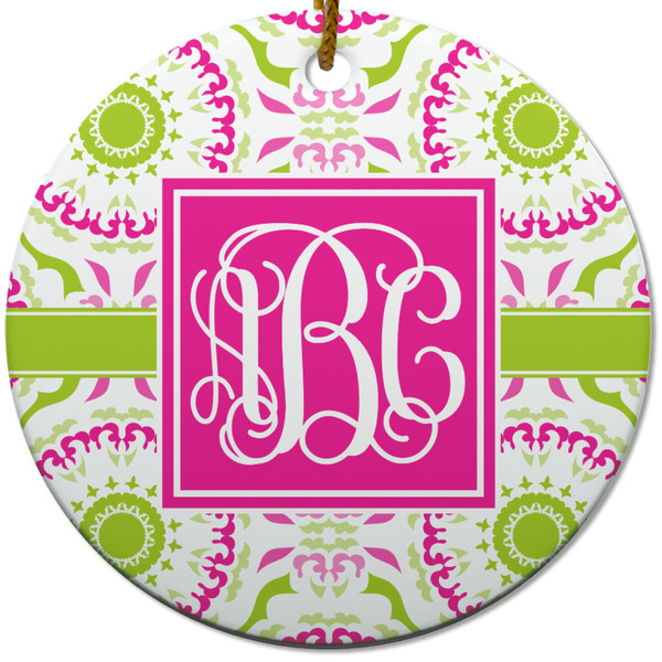 Pink & Green Suzani Ceramic Flat Ornament - Circle (Front)