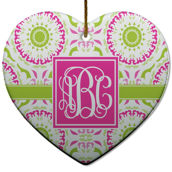 Custom Pink & Green Suzani Heart Ceramic Ornament w/ Monogram