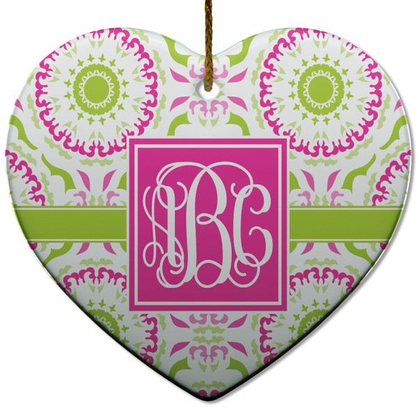 Pink & Green Suzani Ceramic Flat Ornament - Heart (Front)