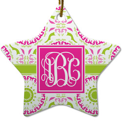 Pink & Green Suzani Star Ceramic Ornament w/ Monogram