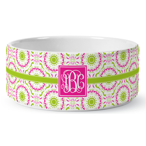 Custom Pink & Green Suzani Ceramic Dog Bowl - Medium (Personalized)