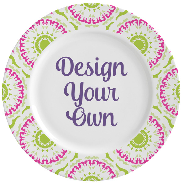 Custom Pink & Green Suzani Ceramic Dinner Plates (Set of 4) (Personalized)