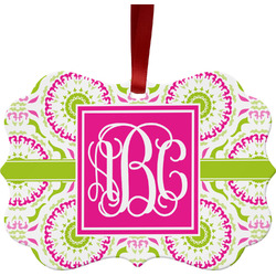 Pink & Green Suzani Metal Frame Ornament - Double Sided w/ Monogram