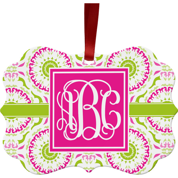 Custom Pink & Green Suzani Metal Frame Ornament - Double Sided w/ Monogram