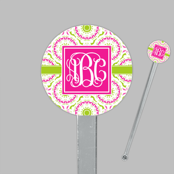 Pink & Green Suzani Clear Plastic 7" Stir Stick - Round - Closeup