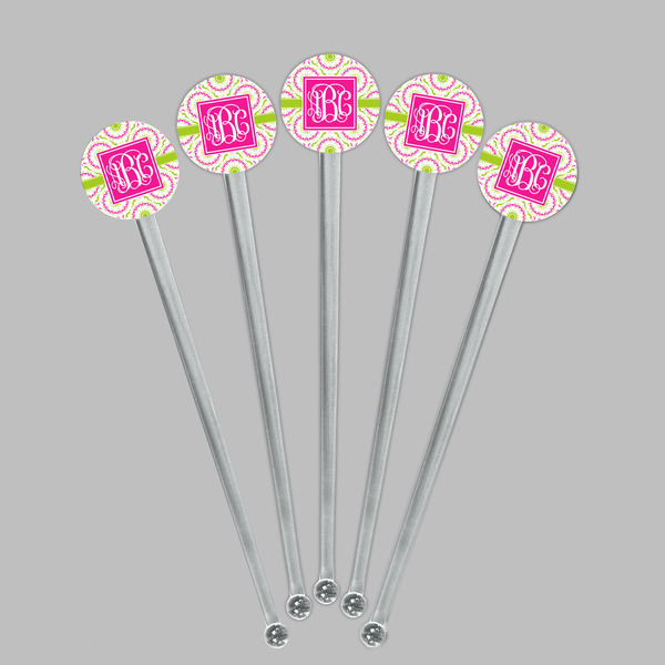 Pink & Green Suzani Clear Plastic 7" Stir Stick - Round - Fan View