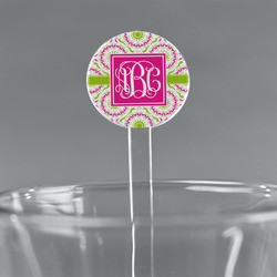 Pink & Green Suzani 5.5" Round Plastic Stir Sticks - Clear (Personalized)
