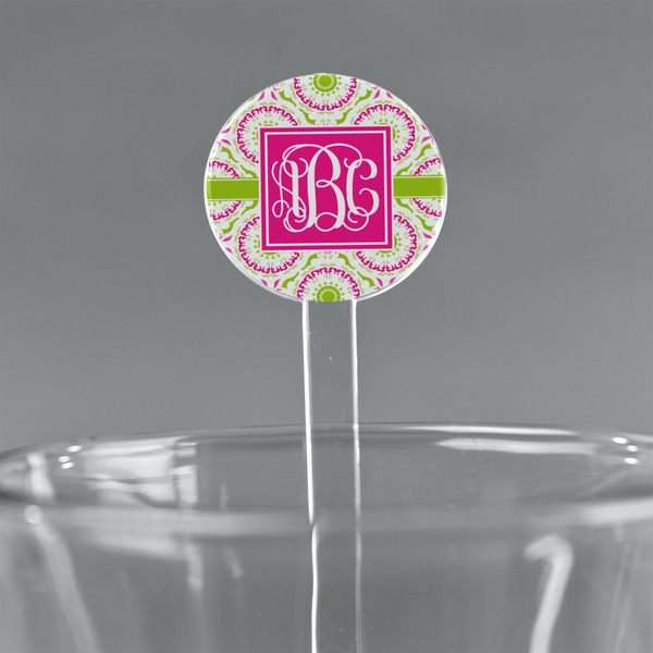 Custom Pink & Green Suzani 5.5" Round Plastic Stir Sticks - Clear (Personalized)