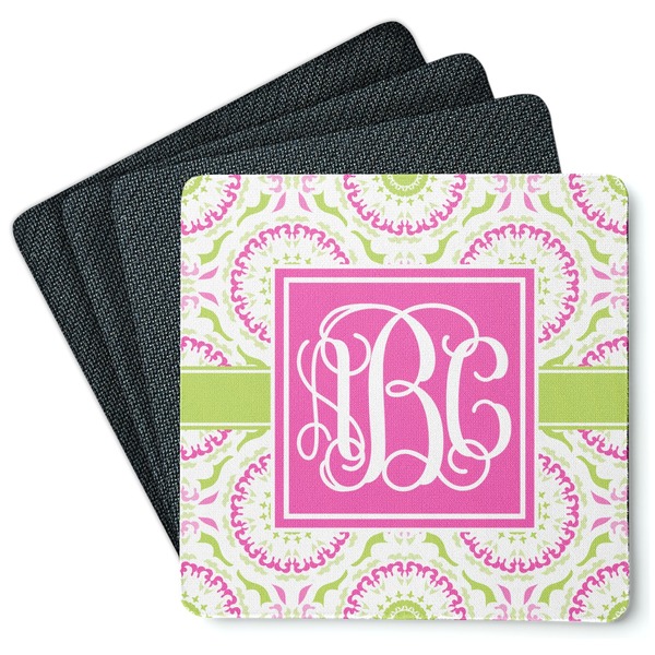 Custom Pink & Green Suzani Square Rubber Backed Coasters - Set of 4 (Personalized)