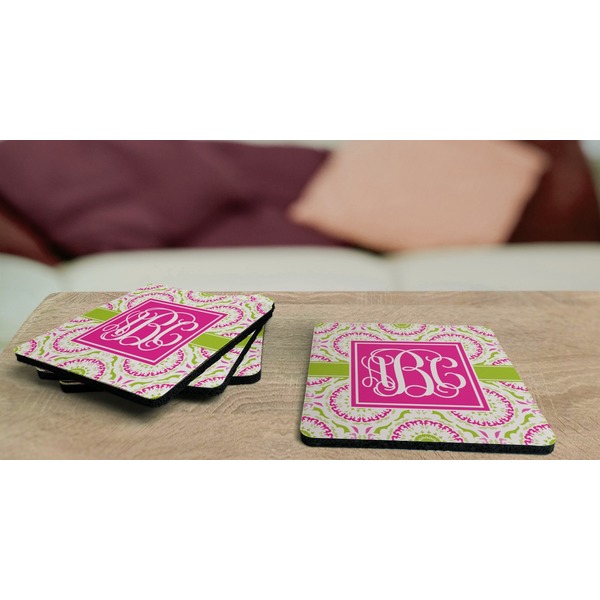 Pink & Green Suzani Coaster Rubber Back - On Coffee Table
