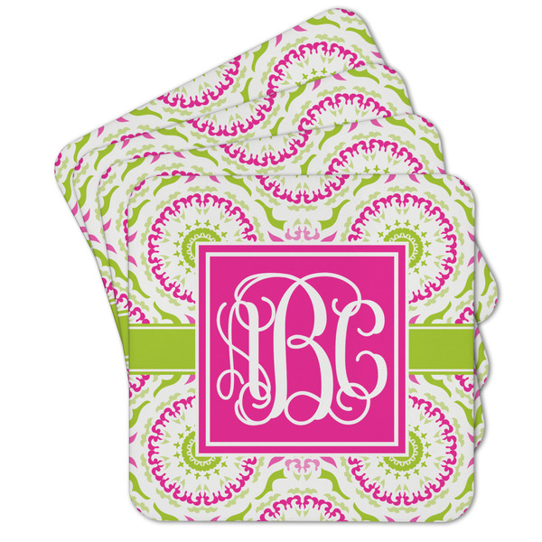 Custom Pink & Green Suzani Cork Coaster - Set of 4 w/ Monogram