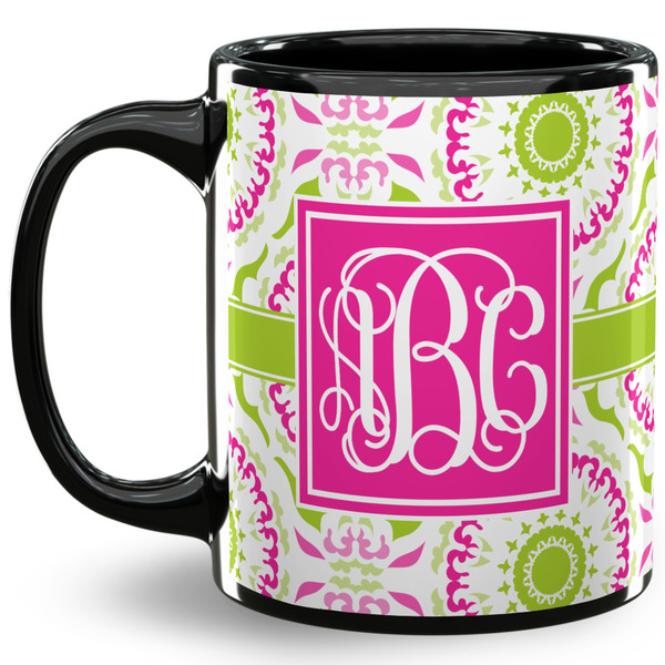 Custom Pink & Green Suzani 11 Oz Coffee Mug - Black (Personalized)