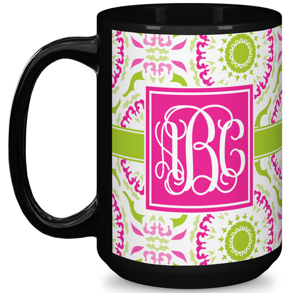 Custom Pink & Green Suzani 15 Oz Coffee Mug - Black (Personalized)