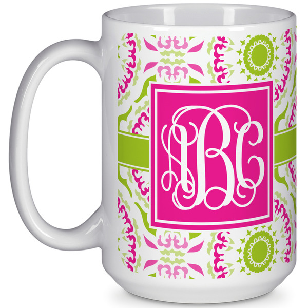 Custom Pink & Green Suzani 15 Oz Coffee Mug - White (Personalized)