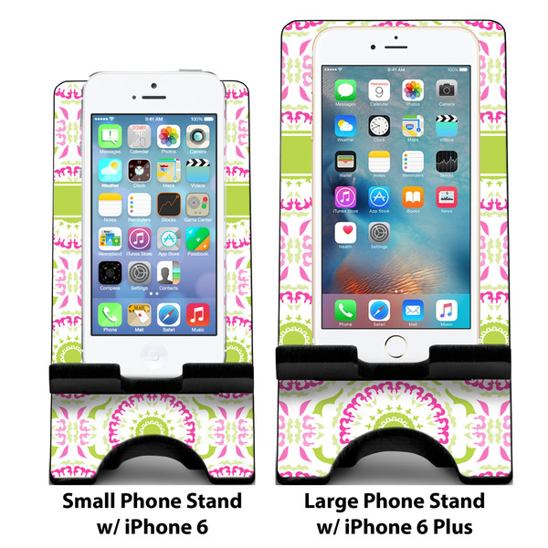 Pink & Green Suzani Compare Phone Stand Sizes - with iPhones