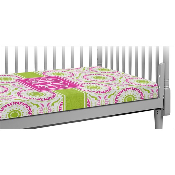 Custom Pink & Green Suzani Crib Fitted Sheet (Personalized)
