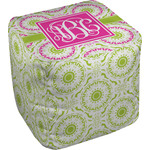 Pink & Green Suzani Cube Pouf Ottoman - 13" w/ Monogram
