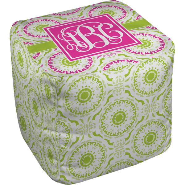 Custom Pink & Green Suzani Cube Pouf Ottoman - 18" w/ Monogram