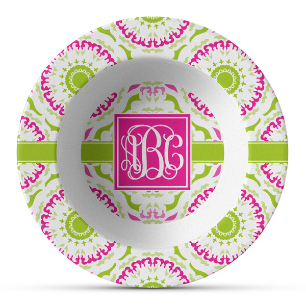 Custom Pink & Green Suzani Plastic Bowl - Microwave Safe - Composite Polymer (Personalized)