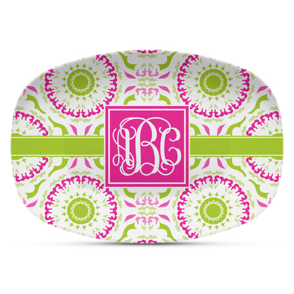 Custom Pink & Green Suzani Plastic Platter - Microwave & Oven Safe Composite Polymer (Personalized)