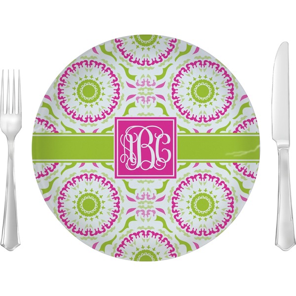 Custom Pink & Green Suzani 10" Glass Lunch / Dinner Plates - Single or Set (Personalized)