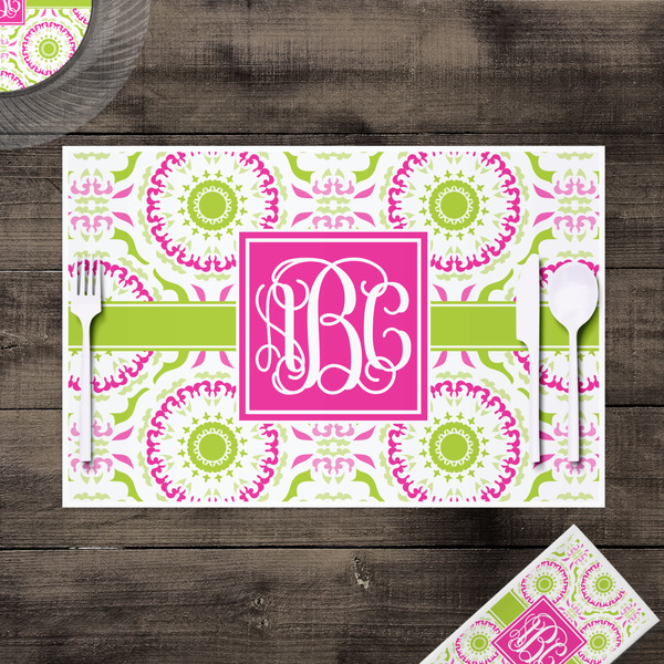 Pink & Green Suzani Disposable Paper Placemat - In Context