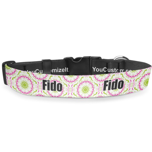 Custom Pink & Green Suzani Deluxe Dog Collar - Small (8.5" to 12.5") (Personalized)